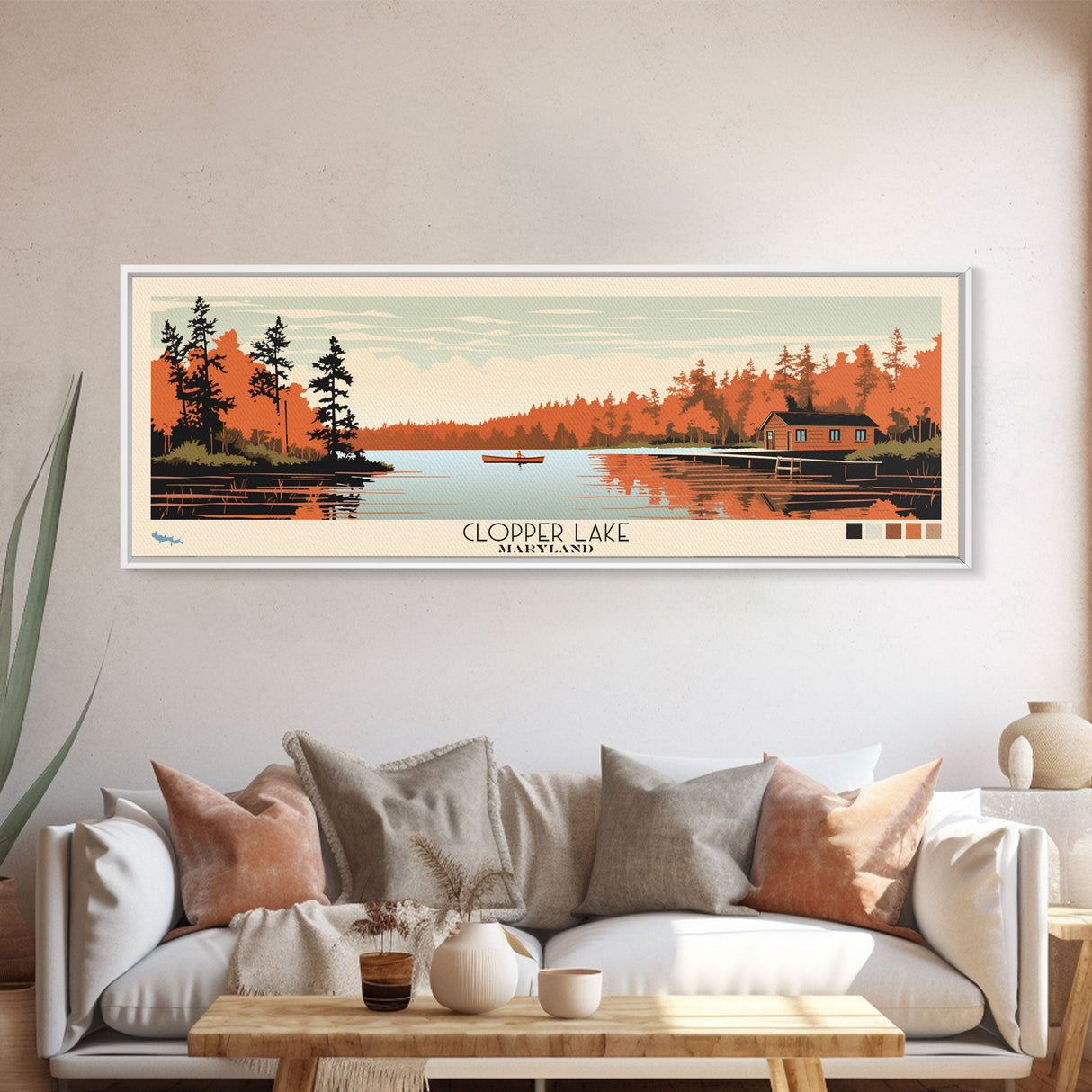 Clopper Lake Maryland Framed Canvas Print, Pop Art Panoramic Travel Poster, Midcentury Modern, Wall Art, Scenic Nature Painting, Bedroom Decor, Living Room Art