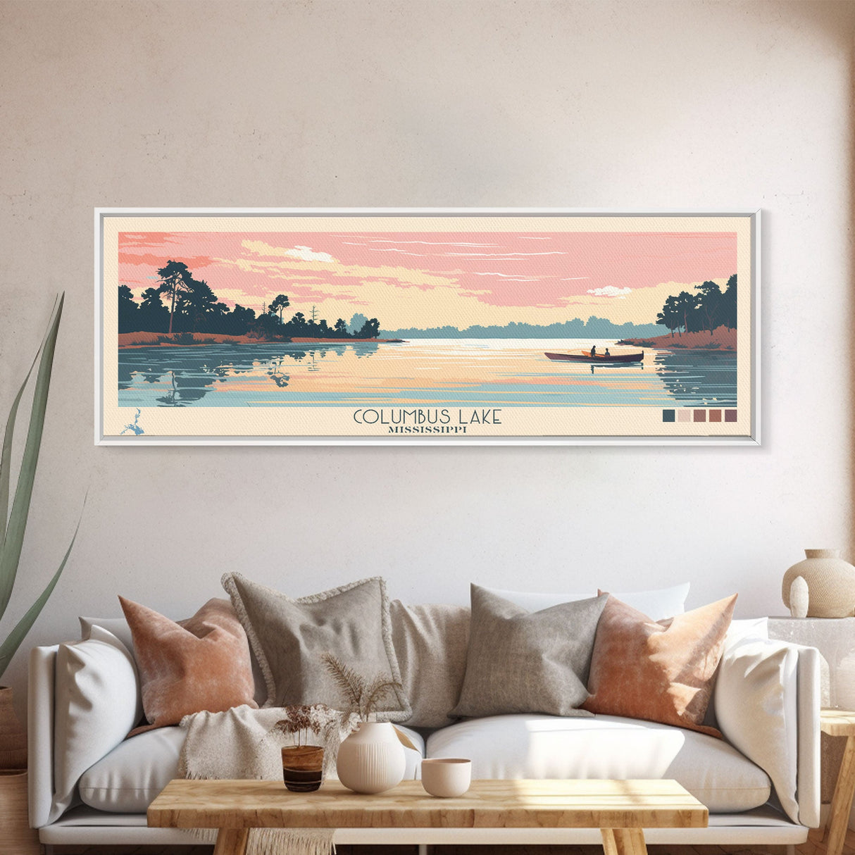 Columbus Lake Mississippi Framed Canvas Print, Midcentury Modern Panoramic Wall Art, Living Room Decor, Pop Art, Travel Poster Art, Scenic Nature Painting