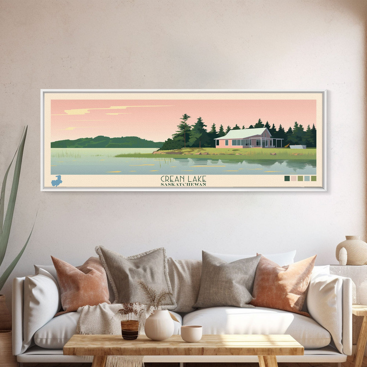 Crean Lake Saskatchewan Framed Canvas Print, Midcentury Modern Panoramic Wall Art, Living Room Decor, Pop Art, Travel Poster Art, Scenic Nature Painting, Lake House Decor