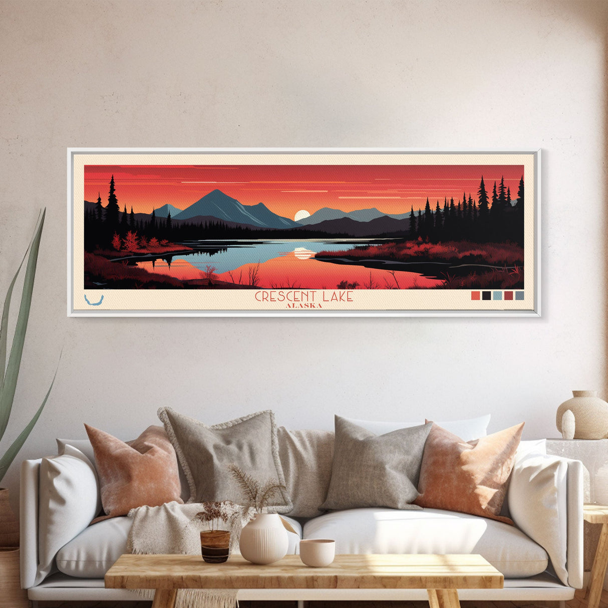 Crescent Lake Alaska Framed Canvas Print, Pop Art Panoramic Travel Poster, Midcentury Modern, Wall Art, Scenic Nature Painting, Bedroom Decor, Living Room Art