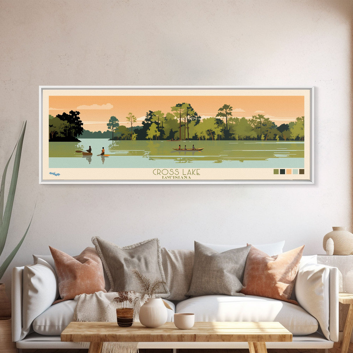 Cross Lake Louisiana Framed Canvas Print, Midcentury Modern Panoramic Wall Art, Living Room Decor, Pop Art, Travel Poster Art, Scenic Nature Painting, Lake House Decor