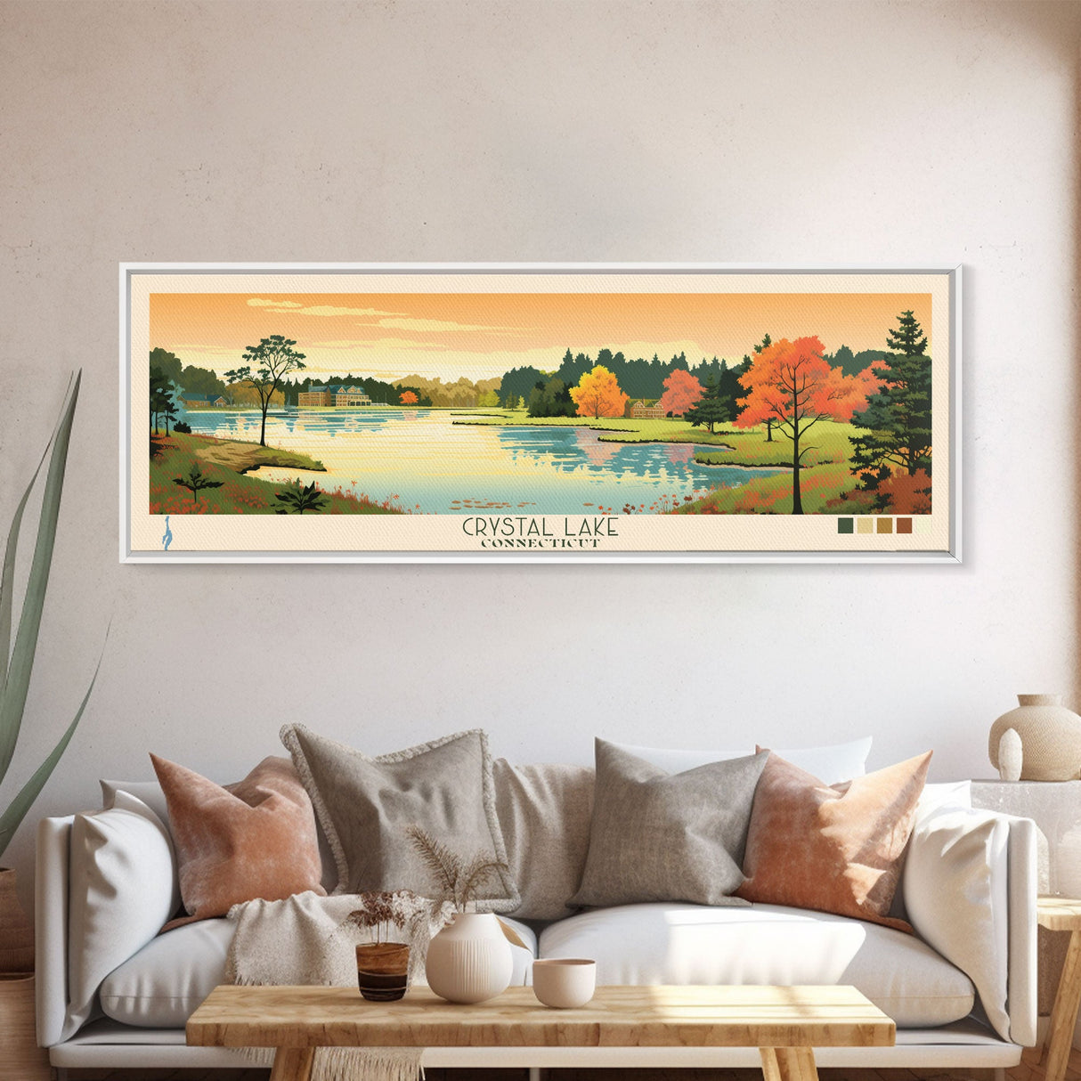 Crystal Lake Connecticut Framed Canvas Print, Pop Art Panoramic Travel Poster, Midcentury Modern, Wall Art, Scenic Nature Painting, Bedroom Decor, Living Room Art