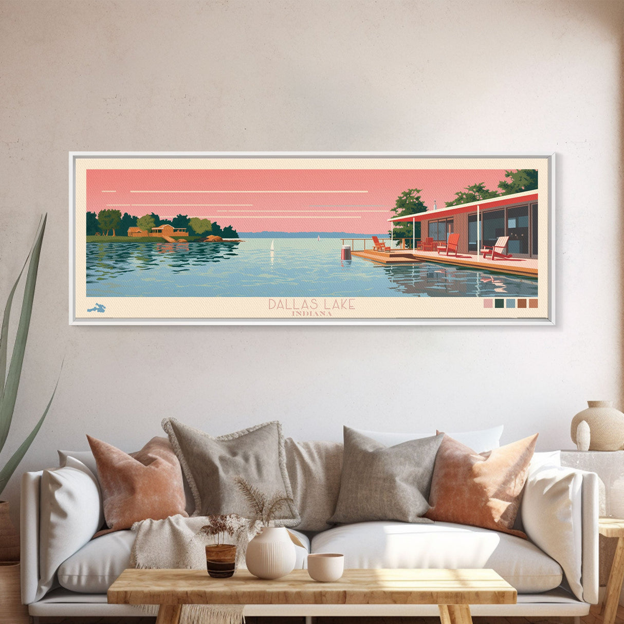 Dallas Lake Indiana Framed Canvas Print, Midcentury Modern Panoramic Wall Art, Bedroom Decor, Pop Art, Travel Poster Art, Scenic Nature Painting