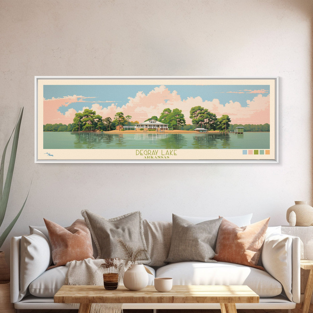 DeGray Lake Arkansas Framed Canvas Print, Midcentury Modern Panoramic Wall Art, Bedroom Decor, Pop Art, Travel Poster Art, Scenic Nature Painting