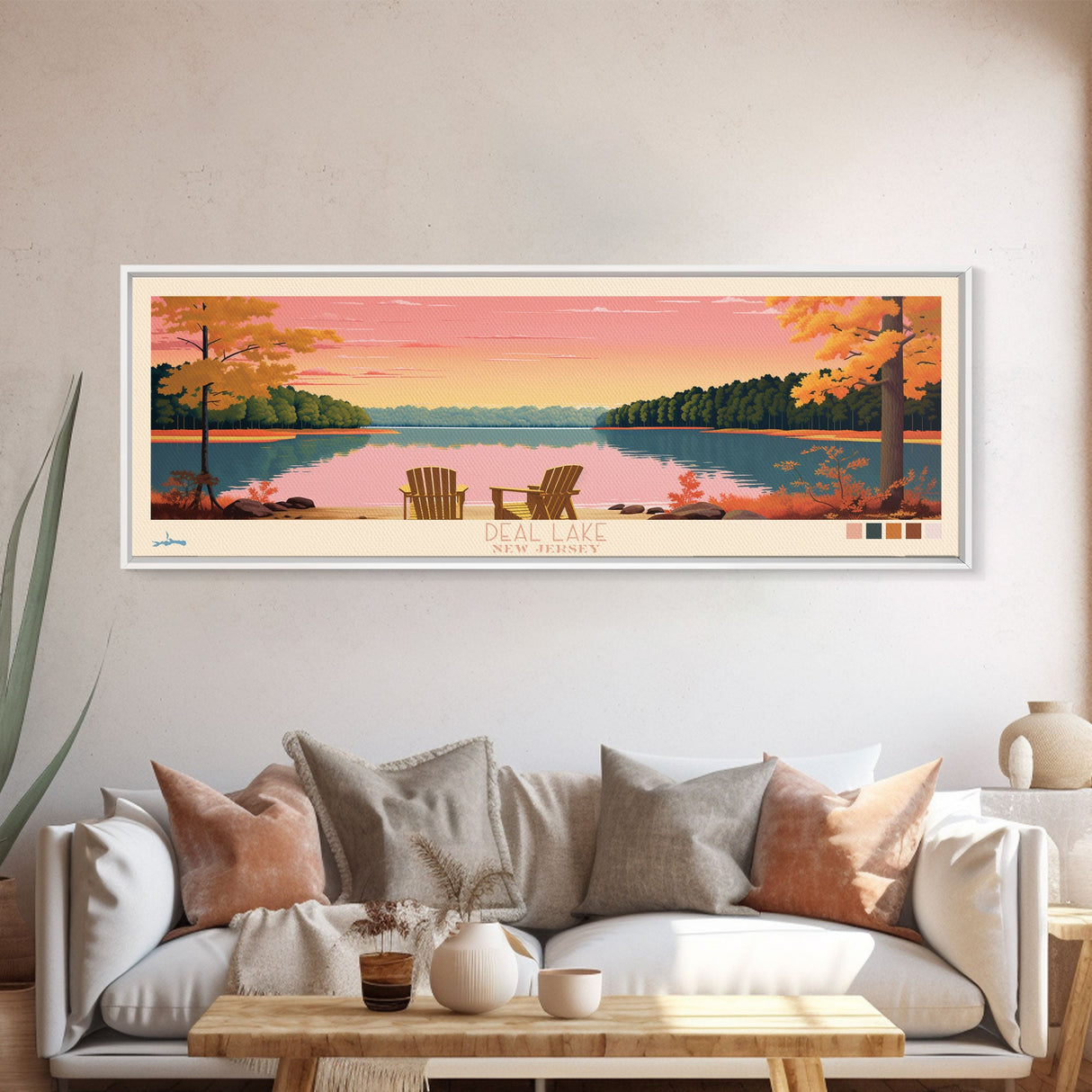 Deal Lake New Jersey Framed Canvas Print, Midcentury Modern Panoramic Wall Art, Living Room Decor, Pop Art, Travel Poster Art, Scenic Nature Painting