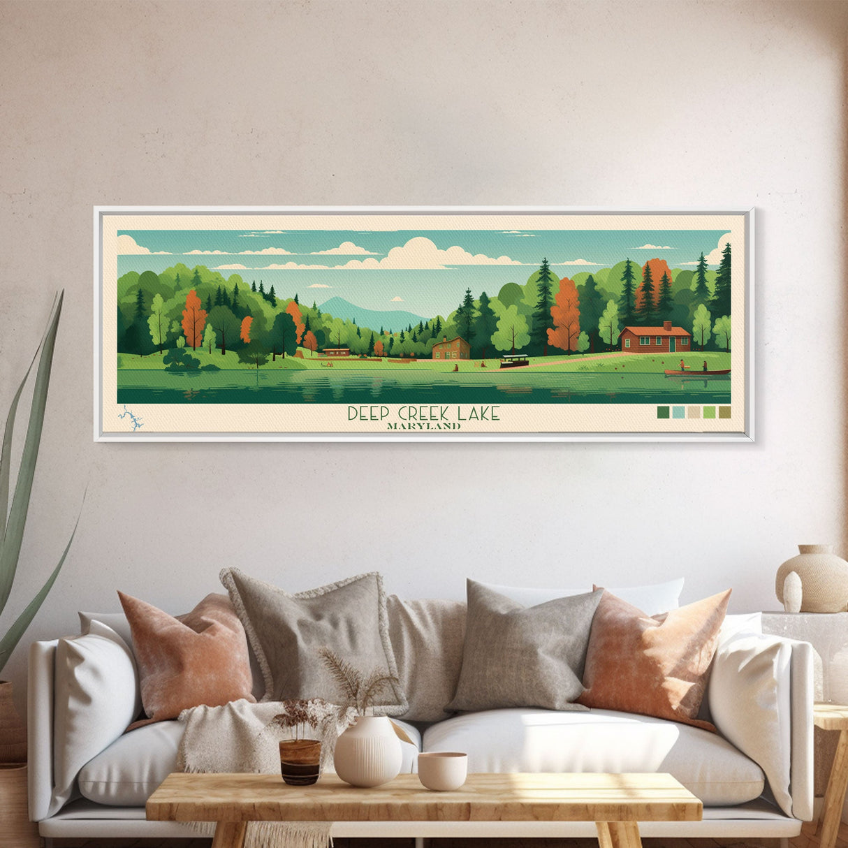 Deep Creek Lake Maryland Framed Canvas Print, Midcentury Modern Panoramic Wall Art, Bedroom Decor, Pop Art, Travel Poster Art, Scenic Nature Painting