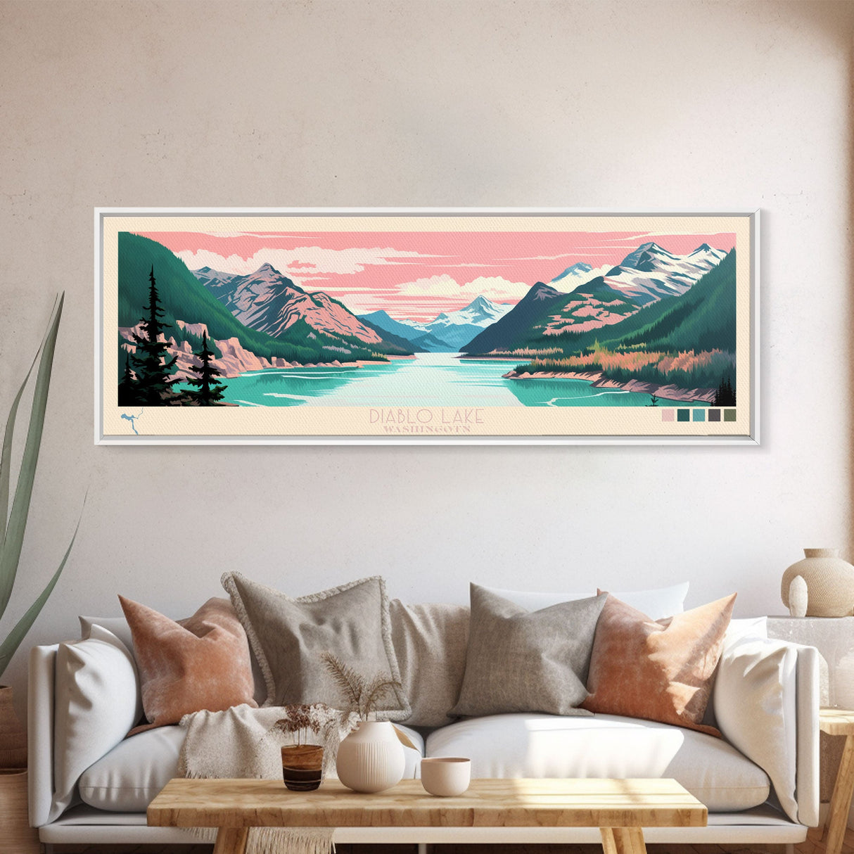 Diablo Lake Washington Framed Canvas Print, Midcentury Modern Panoramic Wall Art, Bedroom Decor, Pop Art, Travel Poster Art, Scenic Nature Painting