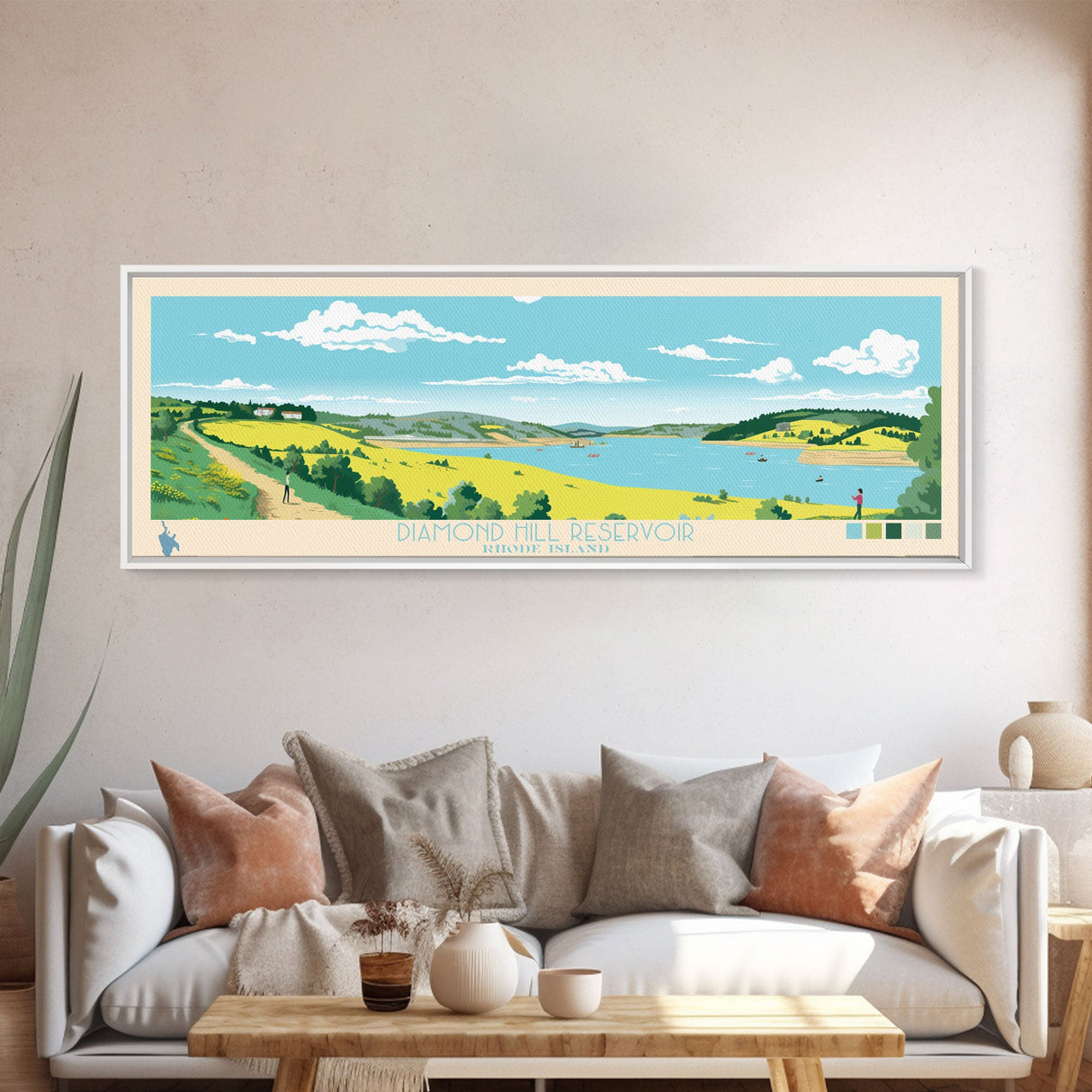 Diamond Hill Reservoir Rhode Island Framed Canvas Print, Midcentury Modern Panoramic Wall Art, Living Room Decor, Pop Art, Travel Poster Art, Scenic Nature Painting