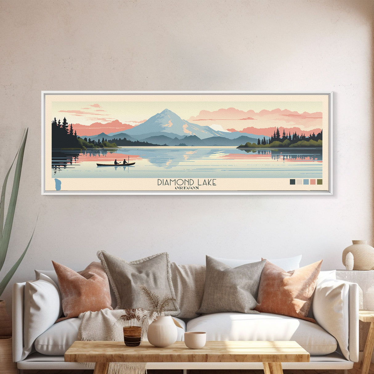 Diamond Lake Oregon Framed Canvas Print, Midcentury Modern Panoramic Wall Art, Bedroom Decor, Pop Art, Travel Poster Art, Scenic Nature Painting