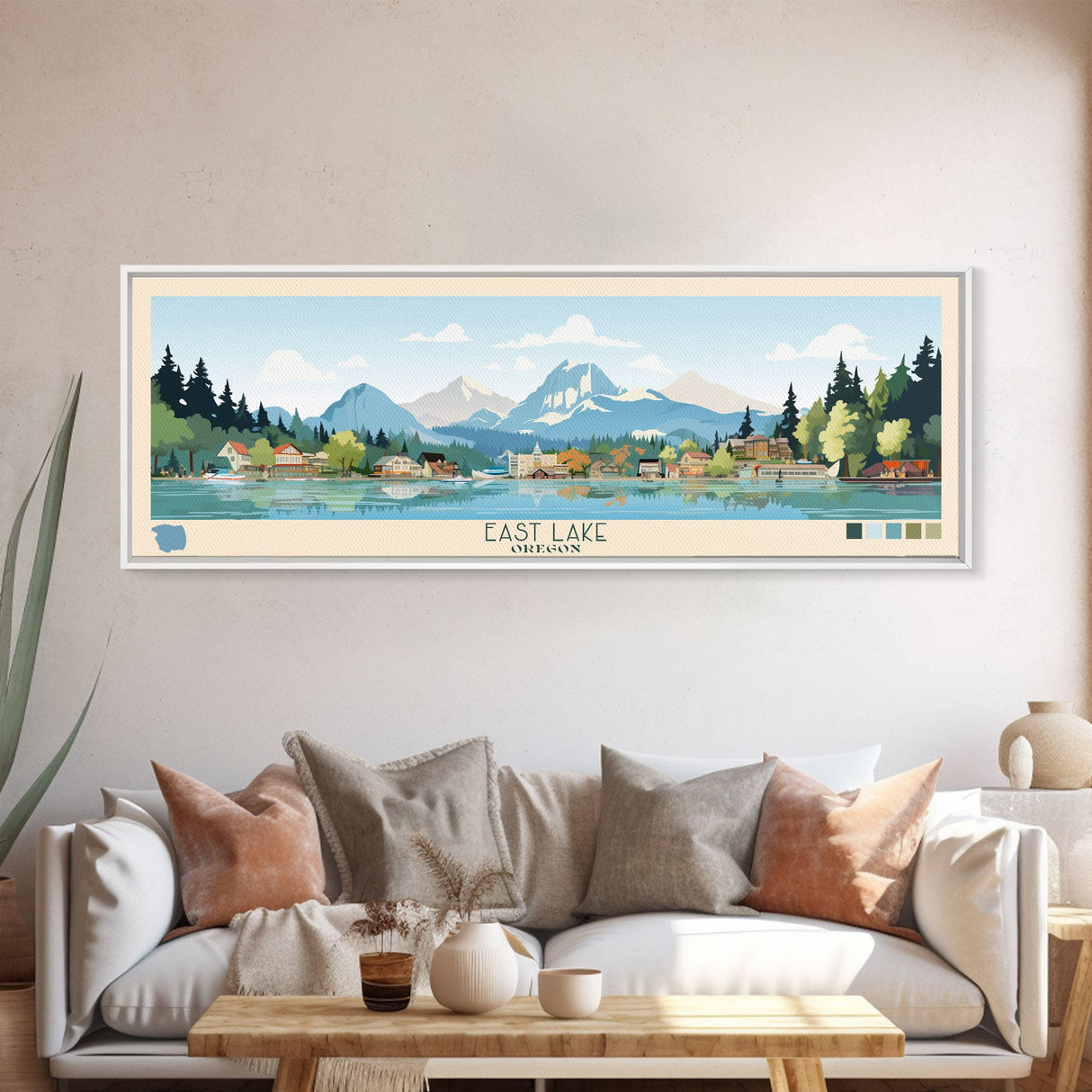 East Lake Oregon Framed Canvas Print, Panoramic Landscape Art, Midcentury Modern, Pop Art, Living Room Wall Art, Travel Poster, Beautiful Nature Art