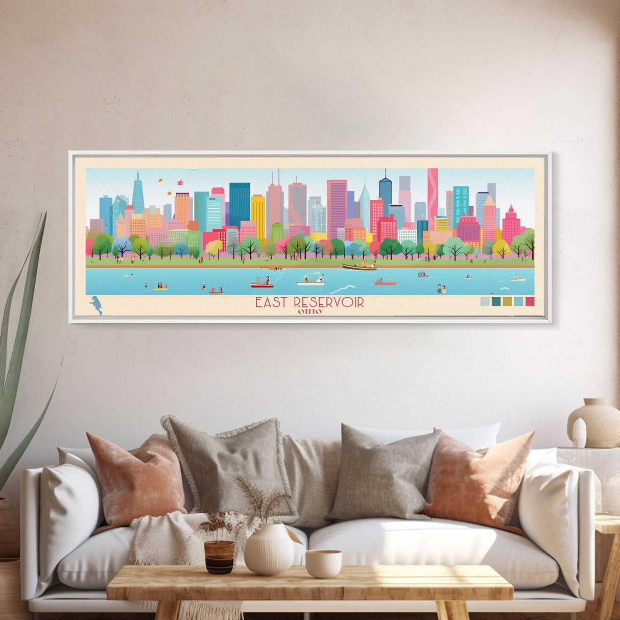 East Reservoir Ohio Framed Canvas Print, Panoramic Art, Midcentury Modern, Pop Art, Bedroom Wall Decor, Travel Poster, Lake View Art