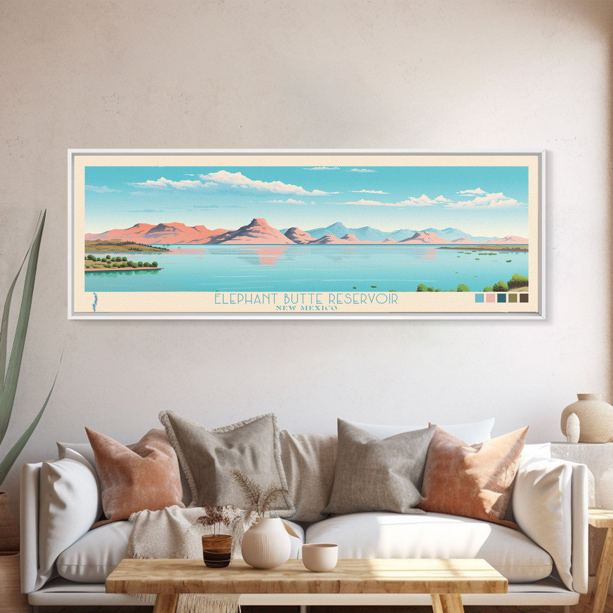 Elephant Butte Reservoir New Mexico Framed Canvas Print, Panoramic Wall Art, Midcentury Modern, Pop Art, Living Room Decor, Travel Poster, Lake Art