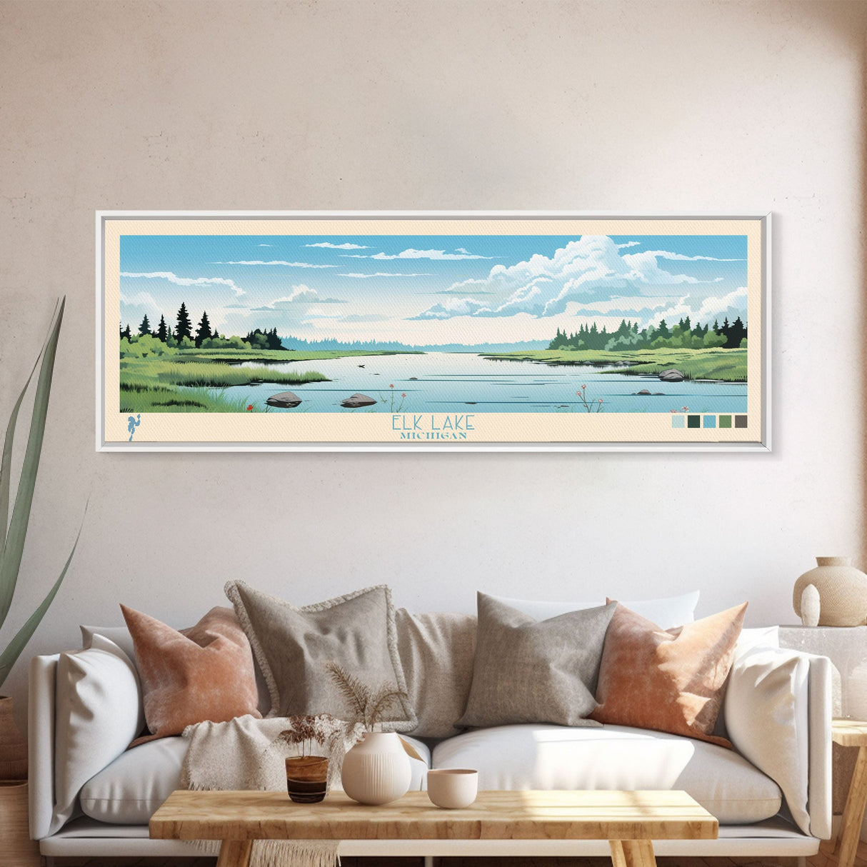 Elk Lake Michigan Framed Canvas Print, Panoramic Wall Art, Midcentury Modern, Pop Art, Bedroom Decor, Travel Poster, Nature Art