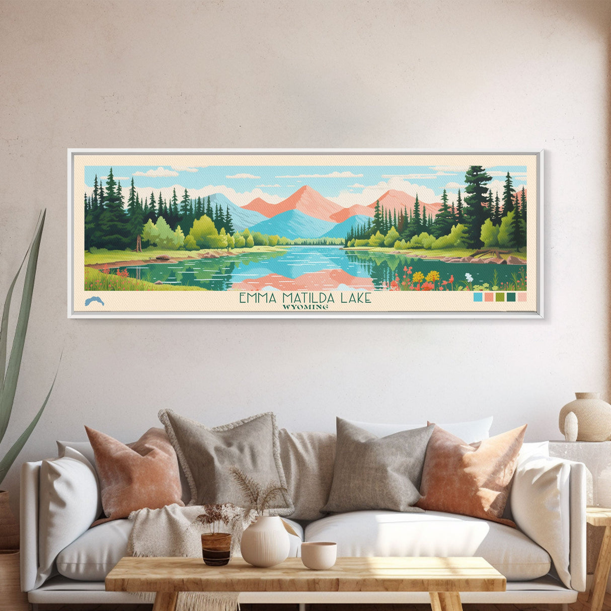 Emma Matilda Lake Wyoming Framed Canvas Print, Panoramic Wall Art, Midcentury Modern, Pop Art, Bedroom Decor, Travel Poster, Nature Painting