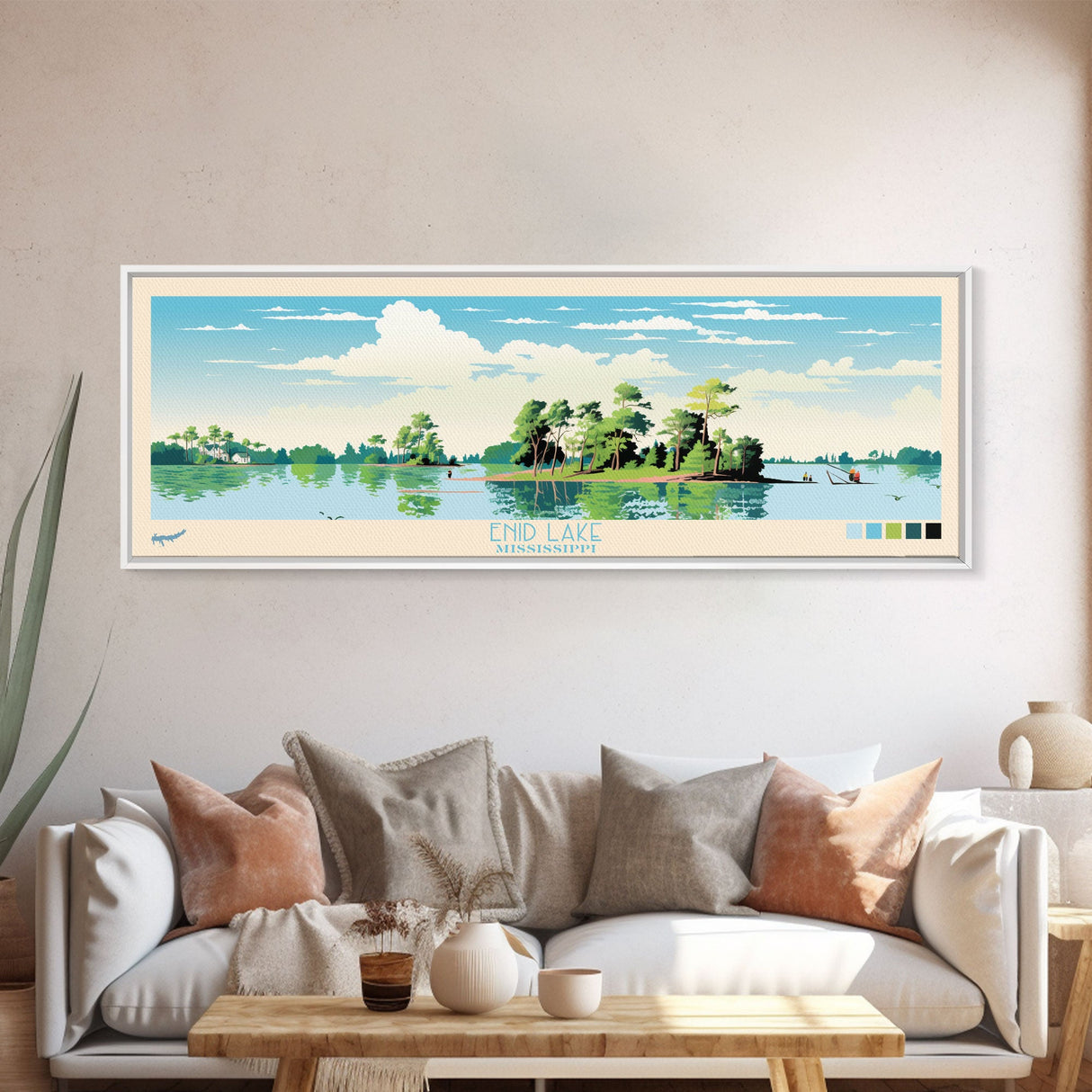 Enid Lake Mississippi Framed Canvas Print, Panoramic Art, Midcentury Modern, Pop Art, Living Room Decor, Travel Poster, Lake Painting