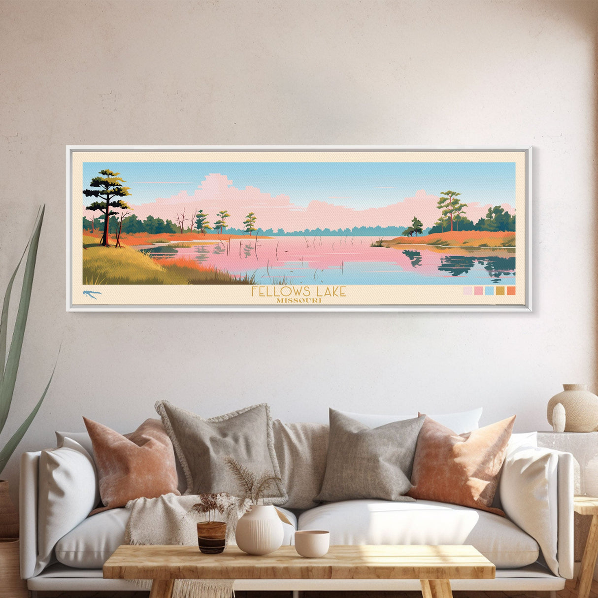 Fellows Lake Missouri Framed Canvas Print, Panoramic Wall Art, Midcentury Modern, Pop Art, Bedroom Decor, Travel Poster, Artistic Decor, Nature Painting