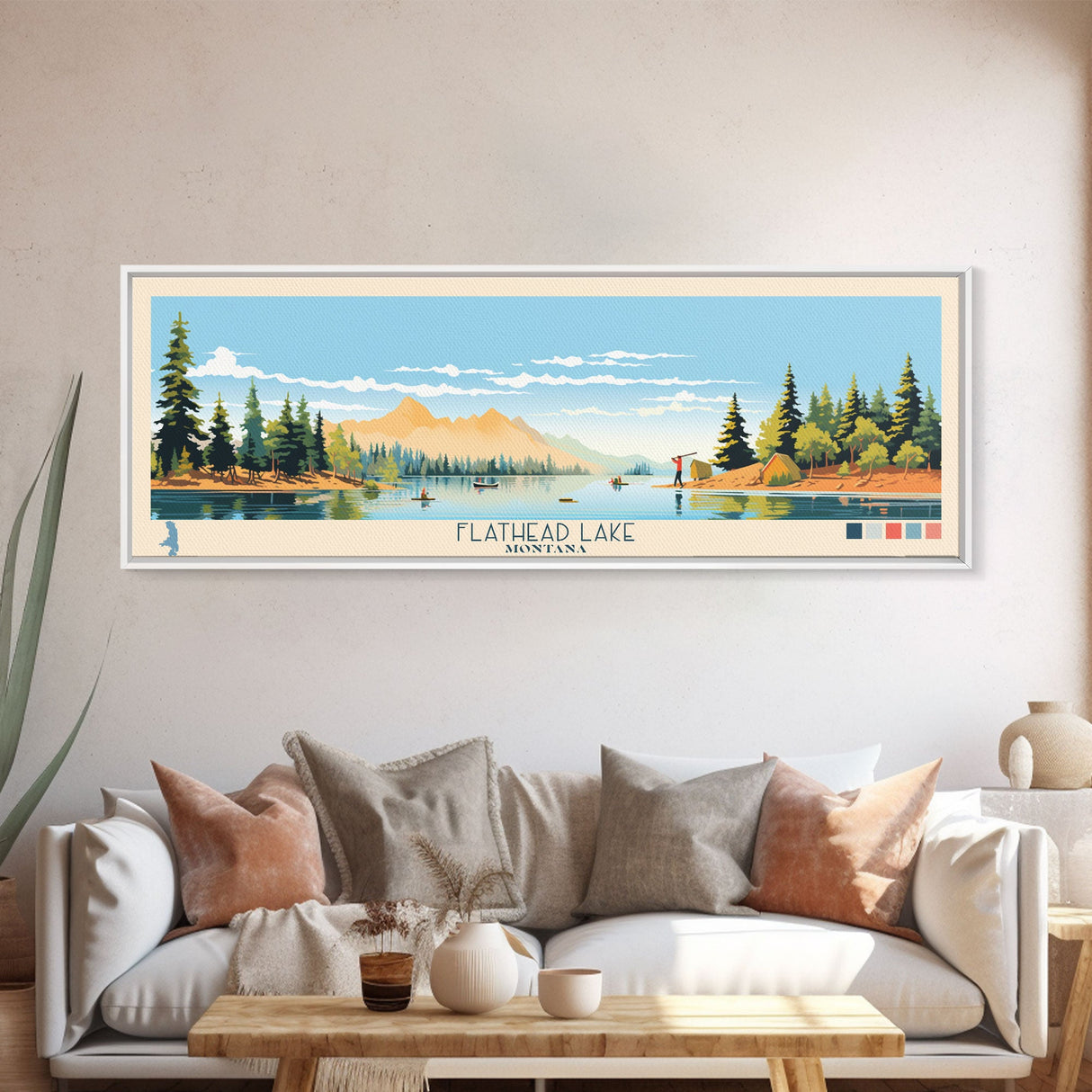 Flathead Lake Montana Framed Canvas Print, Panoramic Wall Art, Midcentury Modern, Pop Art, Bedroom Decor, Travel Poster, Nature Painting, Artistic Decor