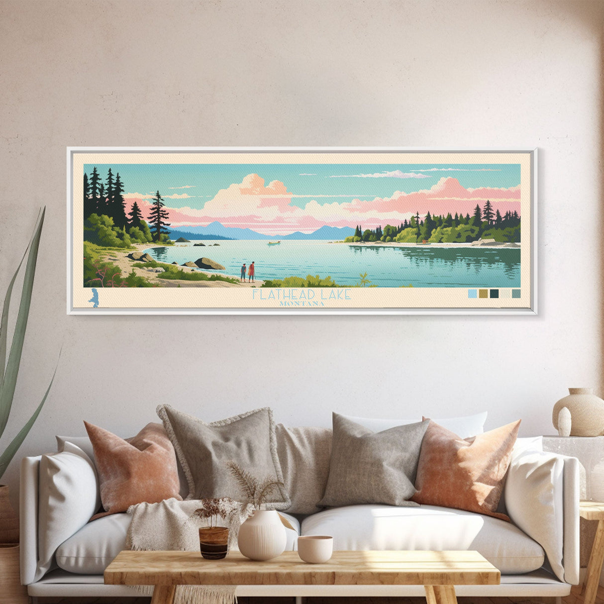 Flathead Lake Montana Framed Canvas Print, Panoramic Art, Midcentury Modern, Pop Art, Living Room Wall Art, Travel Poster, Lake View, Home Decor