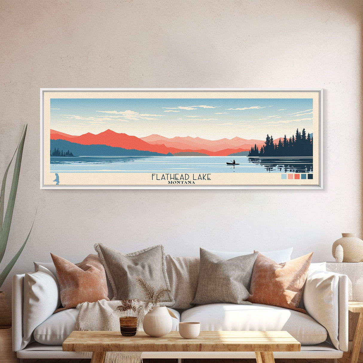 Flathead Lake Montana Framed Canvas Print, Panoramic Wall Art, Midcentury Modern, Pop Art, Bedroom Decor, Travel Poster, Nature Art, Artistic Decor