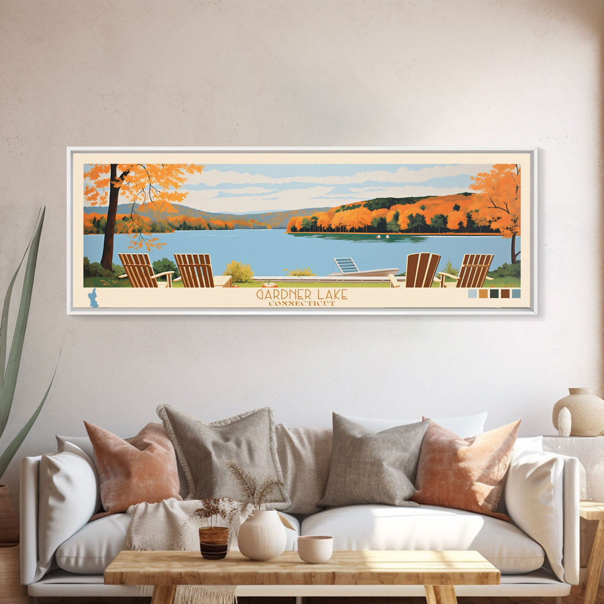 Gardner Lake Connecticut Framed Canvas Print, Panoramic Wall Art, Midcentury Modern, Pop Art, Bedroom Decor, Travel Poster, Lake View, Artistic Decor