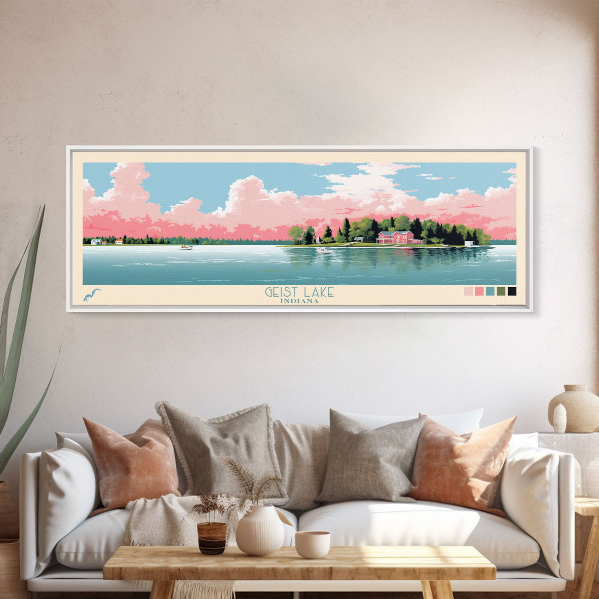 Geist Lake Indiana Framed Canvas Print, Panoramic Art, Midcentury Modern, Pop Art, Living Room Decor, Travel Poster, Nature Art, Wall Art