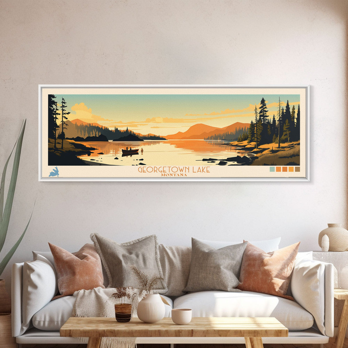 Georgetown Lake Montana Framed Canvas Print, Panoramic Wall Art, Midcentury Modern, Pop Art, Living Room Decor, Travel Poster, Nature Art, Lake House Art