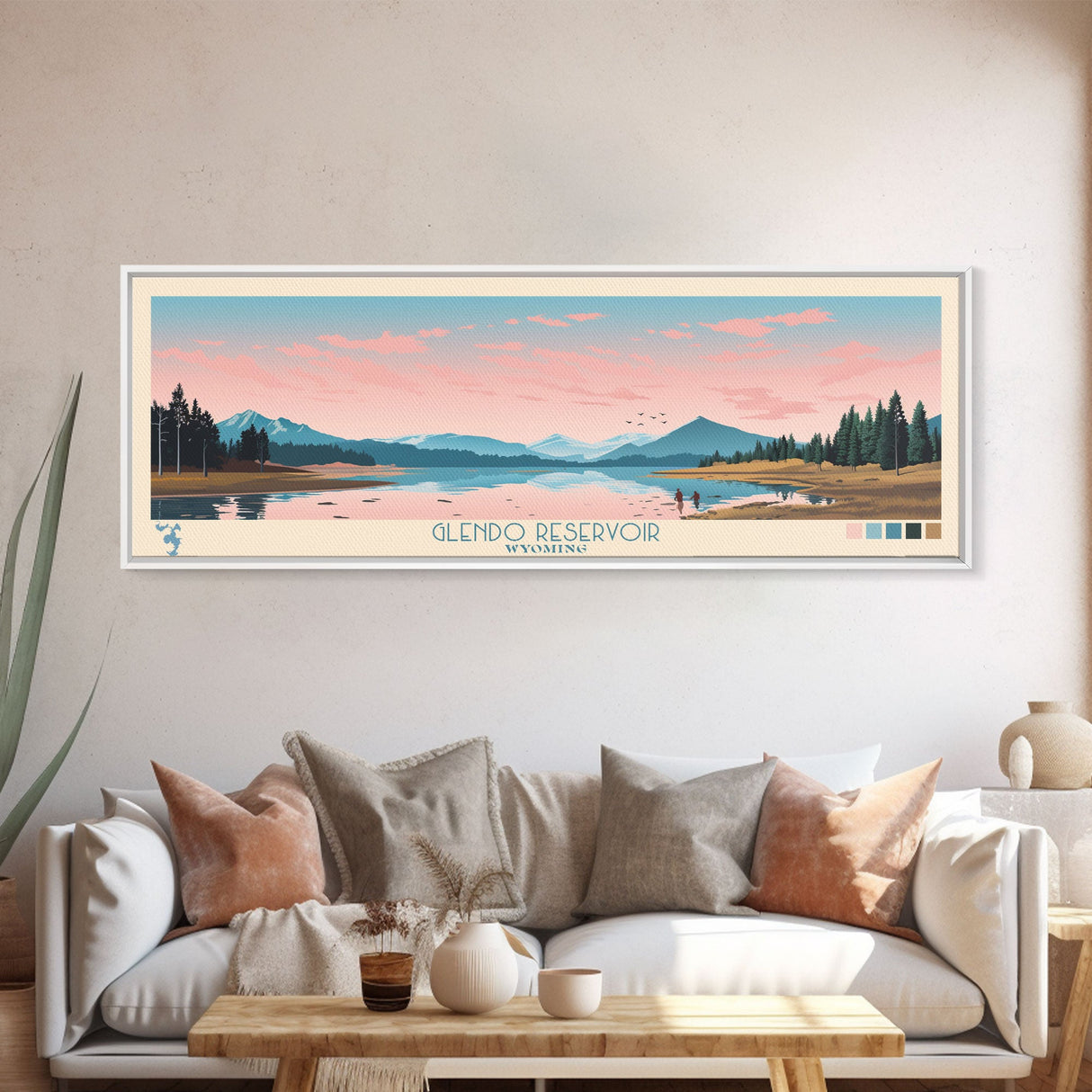 Glendo Reservoir Wyoming Framed Canvas Print, Panoramic Art, Midcentury Modern, Pop Art, Bedroom Decor, Travel Poster, Nature Painting, Home Decor