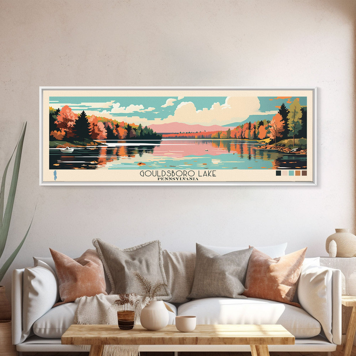 Gouldsboro Lake Pennsylvania Framed Canvas Print, Panoramic Wall Art, Midcentury Modern, Pop Art, Living Room Wall Art, Travel Poster, Nature Painting, Home Decor