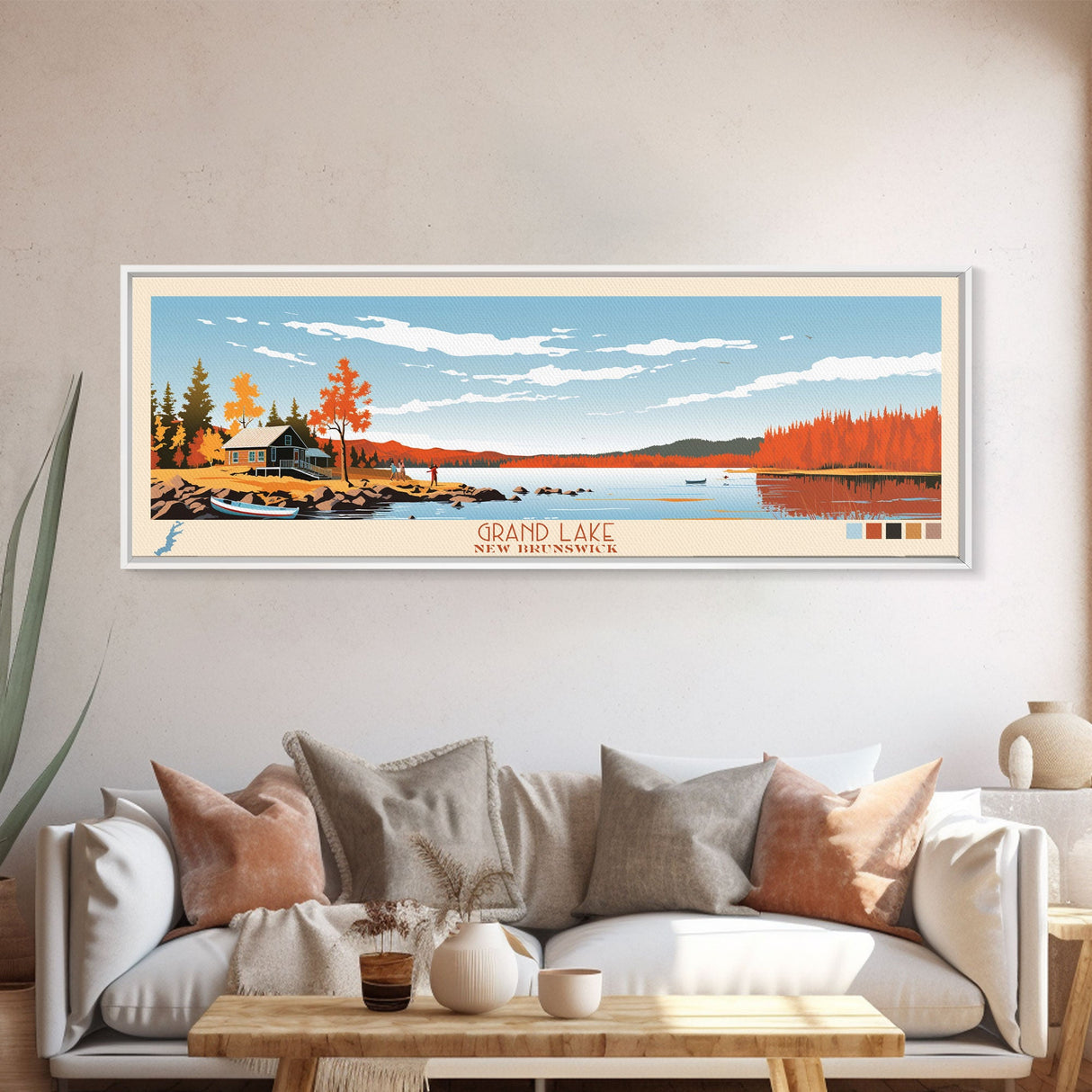 Grand Lake Canada New Brunswick Framed Canvas Print, Panoramic Art, Midcentury Modern, Pop Art, Bedroom Decor, Travel Poster, Lake House Art, Wall Art