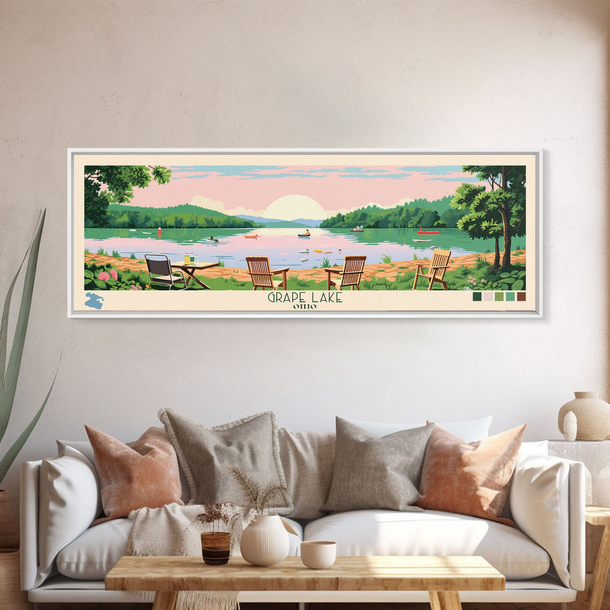 Grape Lake Ohio Framed Canvas Print, Panoramic Wall Art, Midcentury Modern, Pop Art, Living Room Wall Art, Travel Poster, Artistic Decor, Nature Art