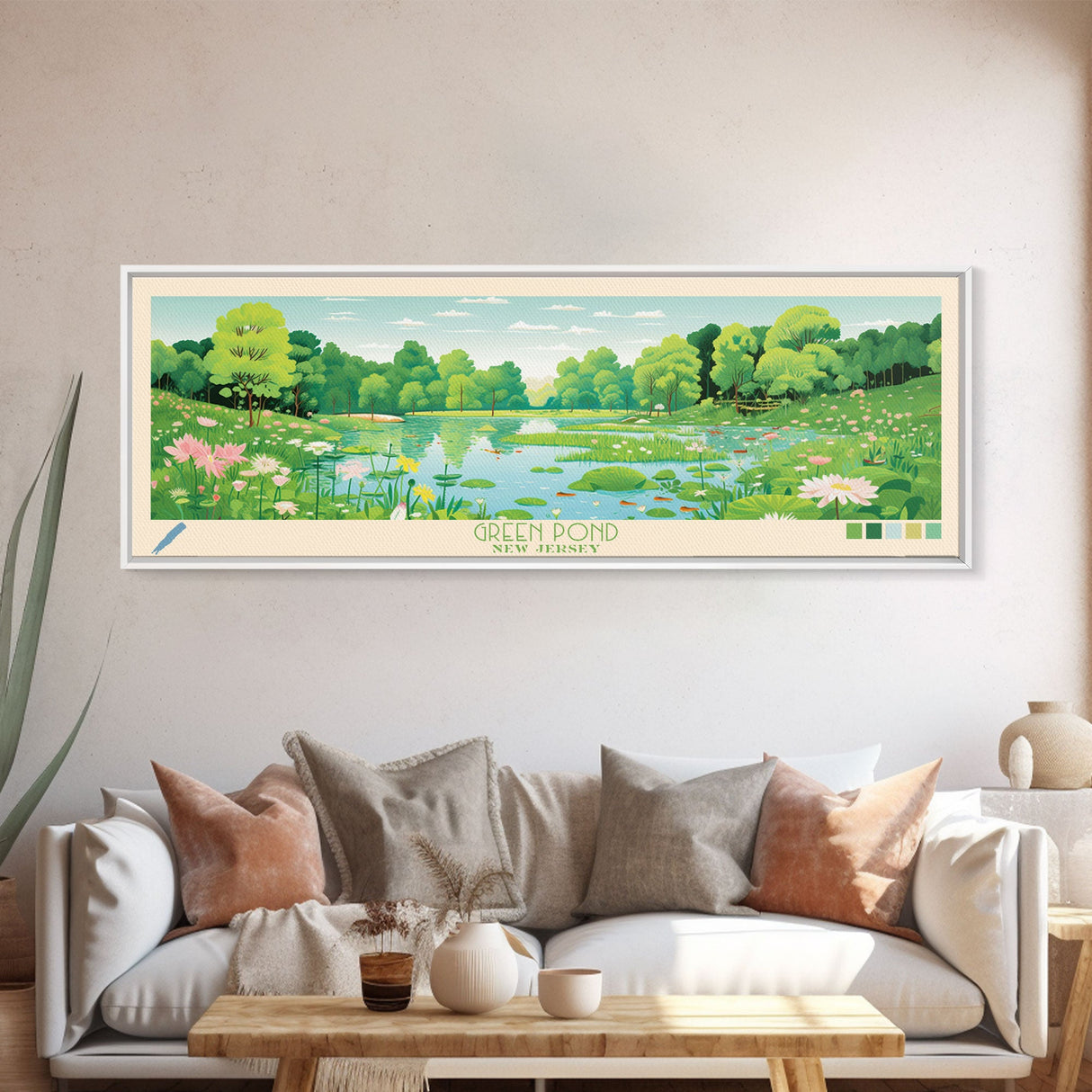 Green Pond New Jersey Framed Canvas Print, Panoramic Wall Art, Midcentury Modern, Pop Art, Living Room Decor, Travel Poster, Nature Art, Home Decor