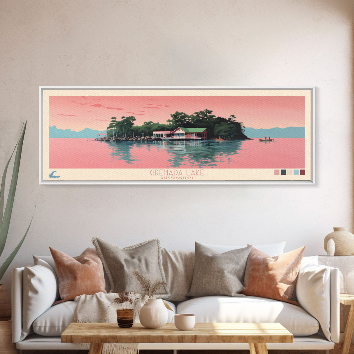 Grenada Lake Mississippi Framed Canvas Print, Panoramic Art, Midcentury Modern, Pop Art, Bedroom Decor, Travel Poster, Nature Art, Home Decor