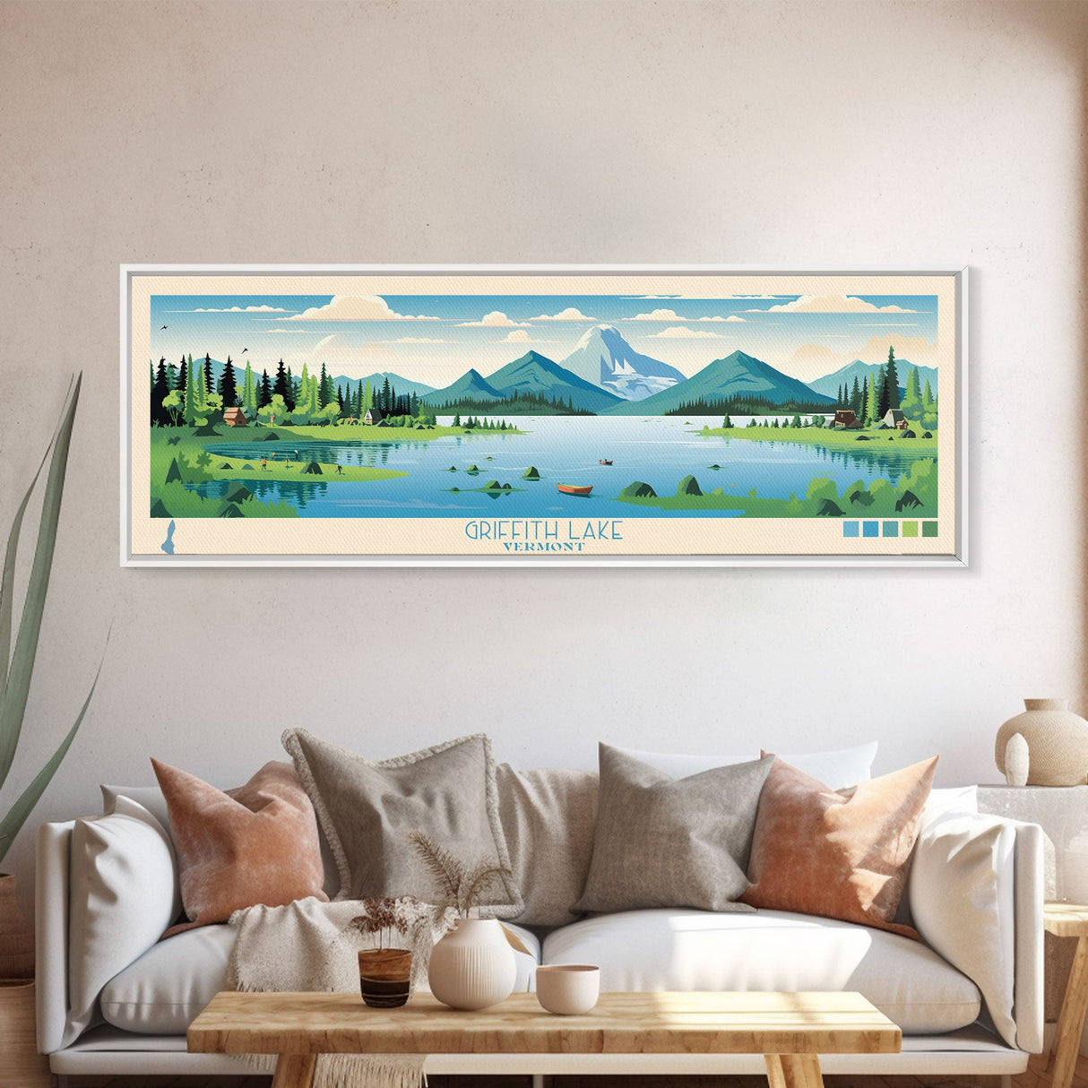 Griffith Lake Vermont Framed Canvas Print, Panoramic Wall Art, Midcentury Modern, Pop Art, Living Room Wall Art, Travel Poster, Lake View, Nature Art