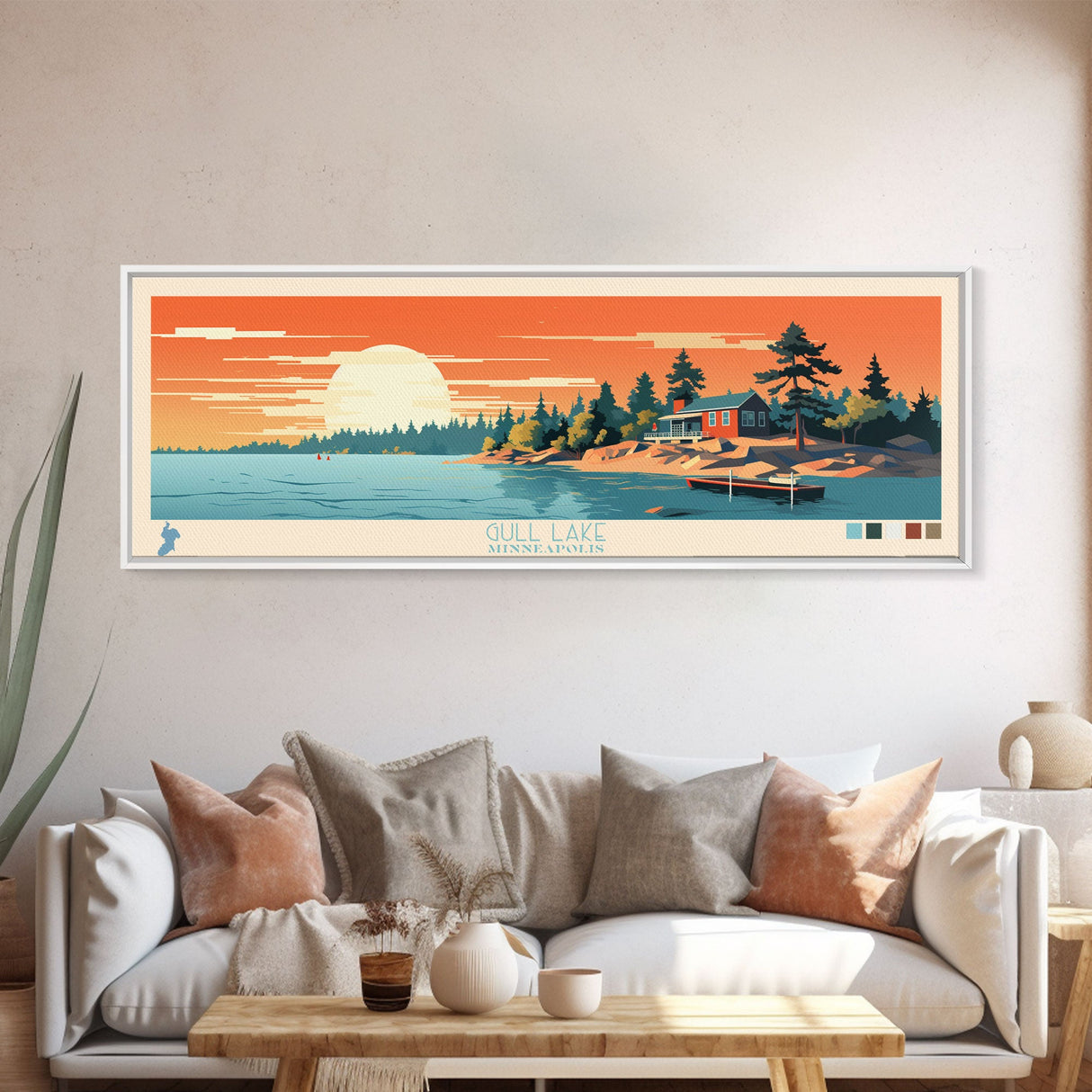 Gull Lake Minneapolis Framed Canvas Print, Panoramic Wall Art, Midcentury Modern, Pop Art, Living Room Decor, Travel Poster, Nature Art, Lake House Art