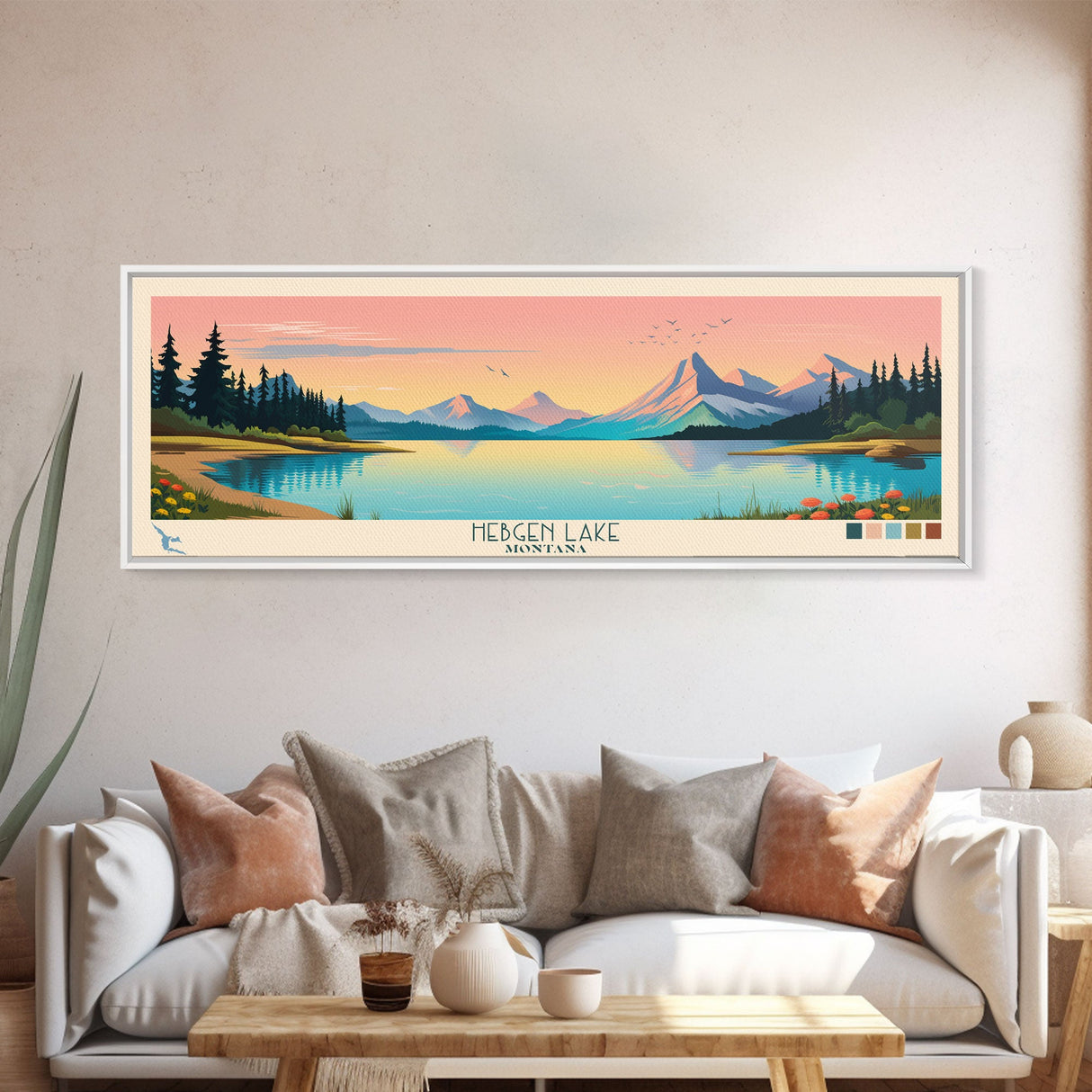 Hebgen Lake Montana Framed Canvas Print, Panoramic Wall Art, Midcentury Modern, Pop Art, Living Room Decor, Travel Poster, Nature Art, Lake House Art