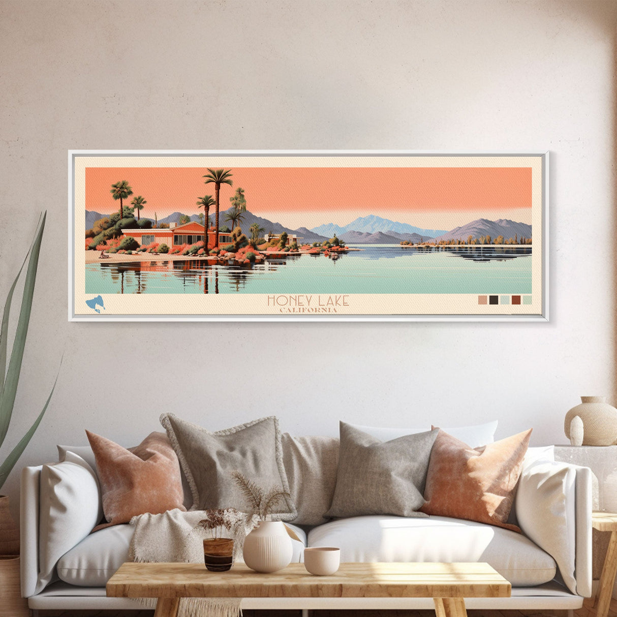 Honey Lake California Framed Canvas Print, Panoramic Art, Midcentury Modern, Pop Art, Living Room Wall Art, Travel Poster, Nature Decor