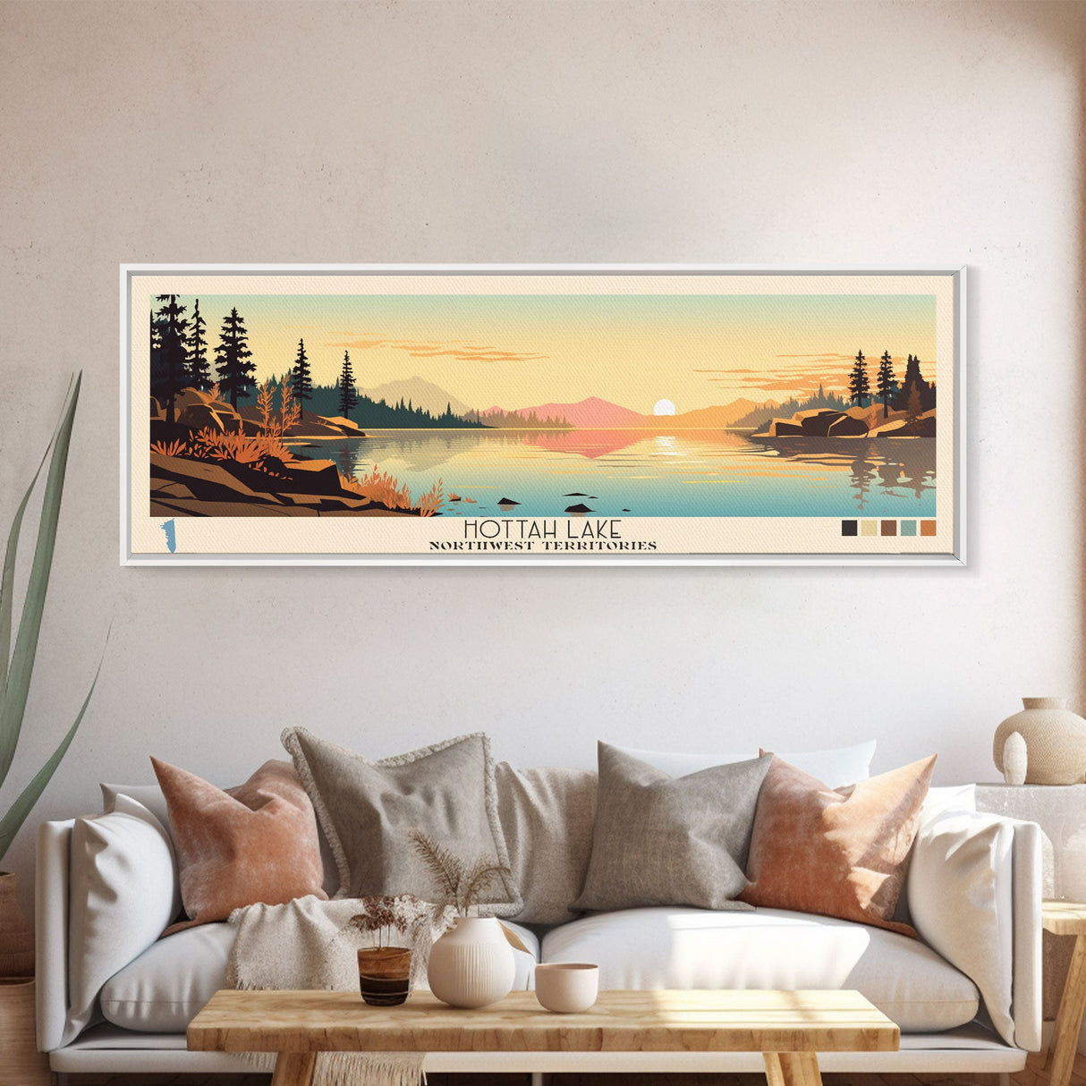 Hottah Lake Northwest Territories Framed Canvas Print, Panoramic Wall Art, Midcentury Modern, Pop Art, Bedroom Decor, Travel Poster, Home Decor