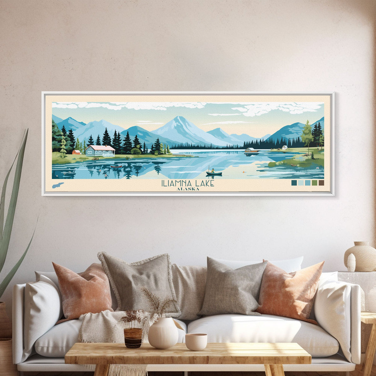 Iliamna Lake Alaska Framed Canvas Print, Panoramic Art, Midcentury Modern, Pop Art, Living Room Decor, Travel Poster, Artistic Decor