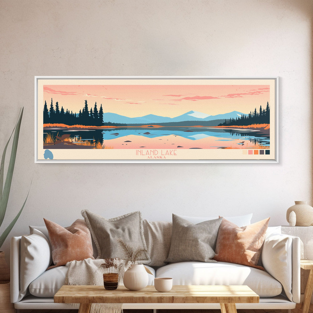 Inland Lake Alaska Framed Canvas Print, Panoramic Wall Art, Midcentury Modern, Pop Art, Bedroom Art, Travel Poster, Home Decor