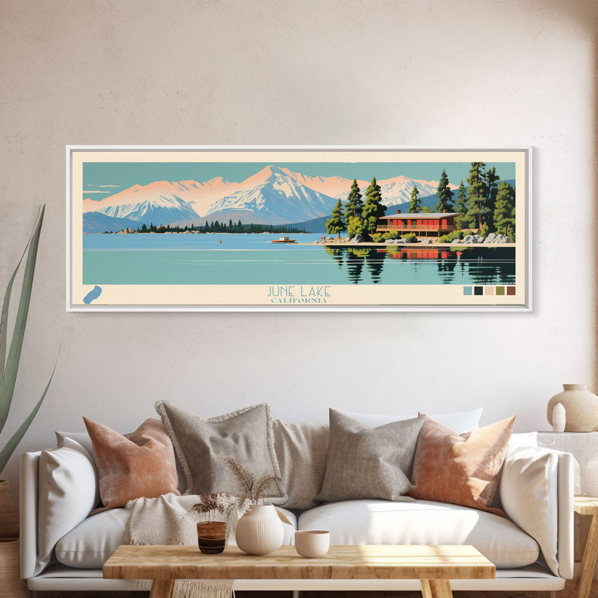 June Lake California Framed Canvas Print, Panoramic Wall Art, Midcentury Modern, Pop Art, Lake House Art, Travel Poster, Bedroom Decor