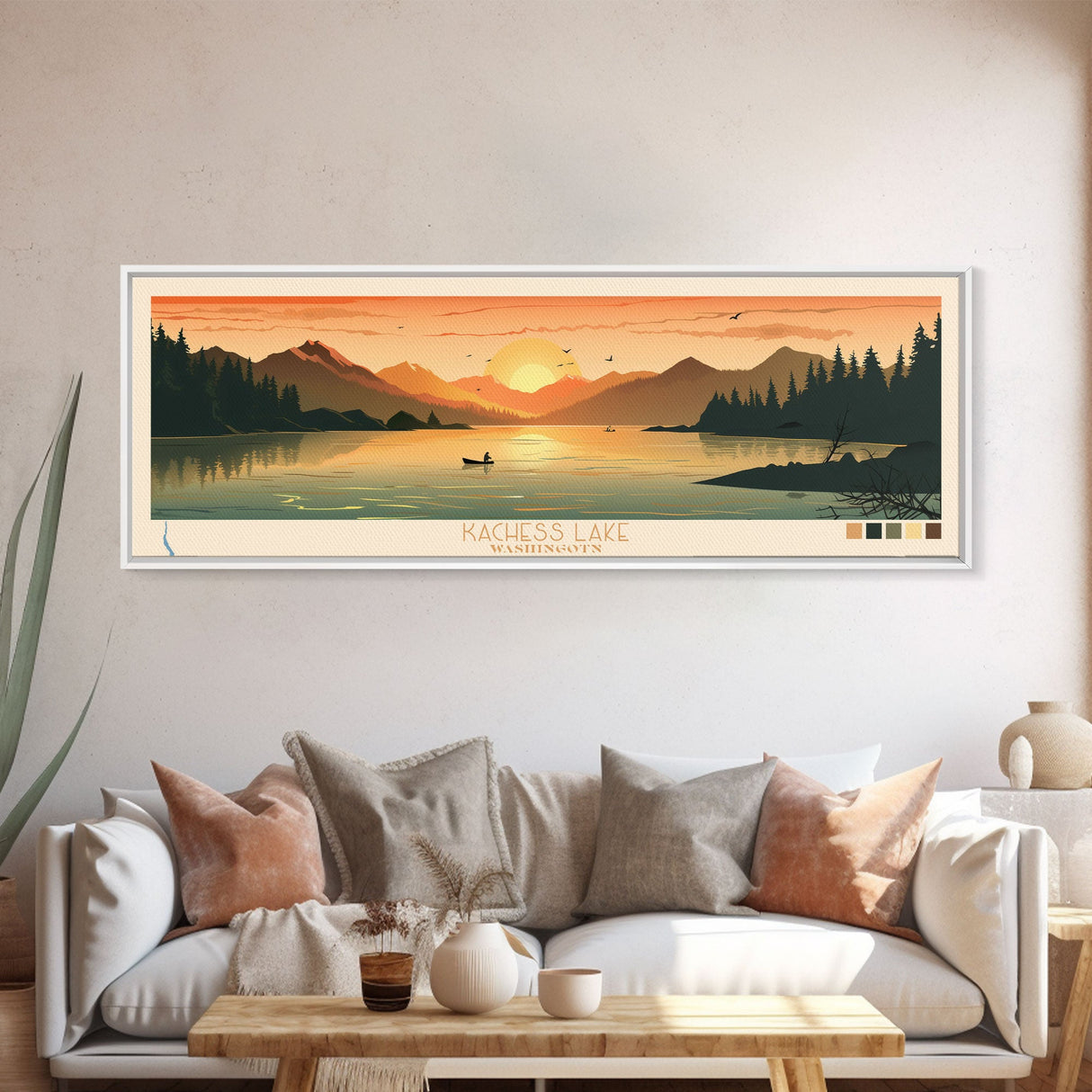 Kachess Lake Washington Framed Canvas Print, Panoramic Art, Midcentury Modern, Pop Art, Living Room Decor, Travel Poster, Artistic Decor