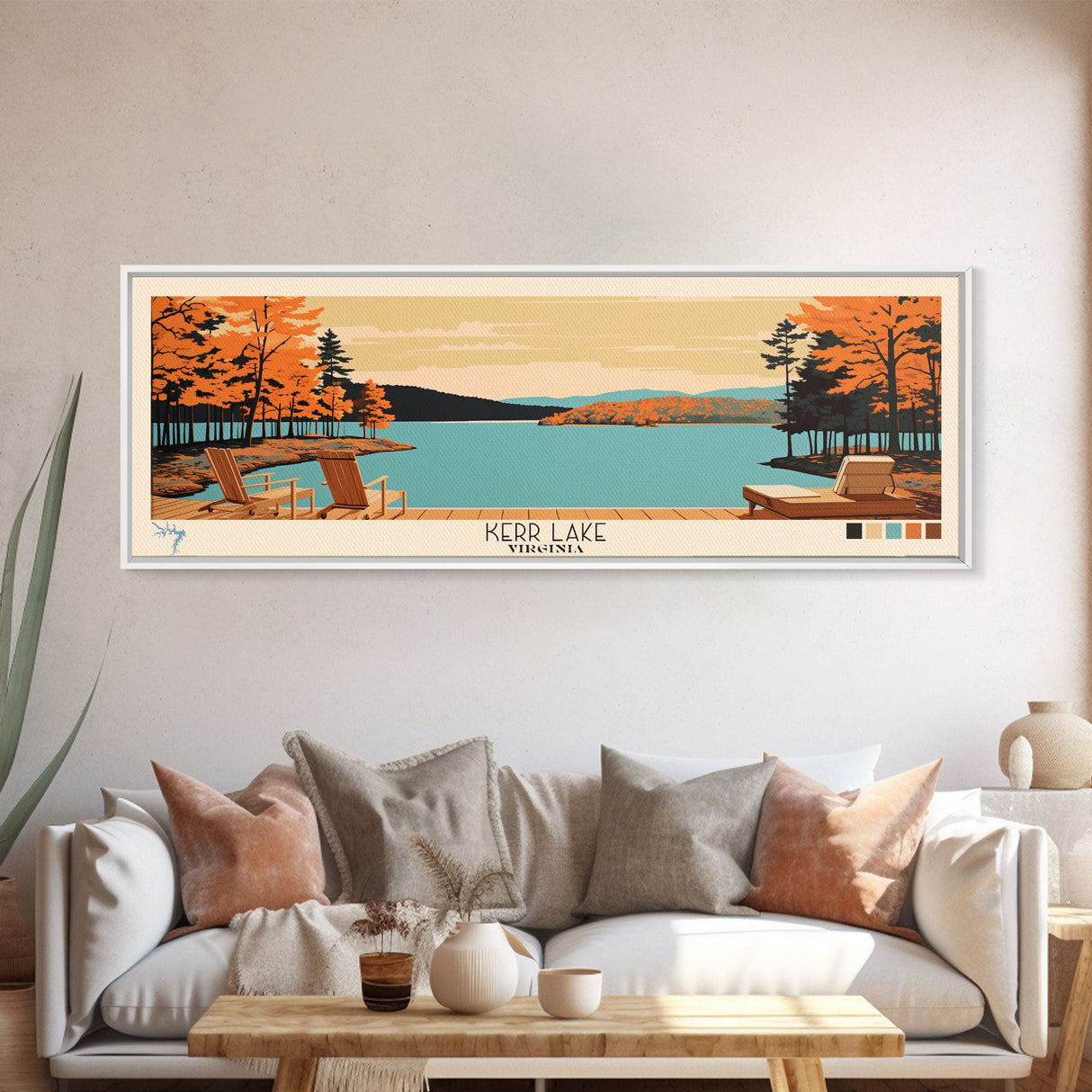 Kerr Lake Virginia Framed Canvas Print, Panoramic Wall Art, Midcentury Modern, Pop Art, Bedroom Decor, Travel Poster, Nature Art