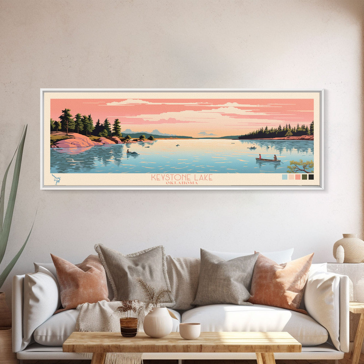 Keystone Lake Oklahoma Framed Canvas Print, Panoramic Art, Midcentury Modern, Pop Art, Living Room Decor, Travel Poster, Artistic Decor