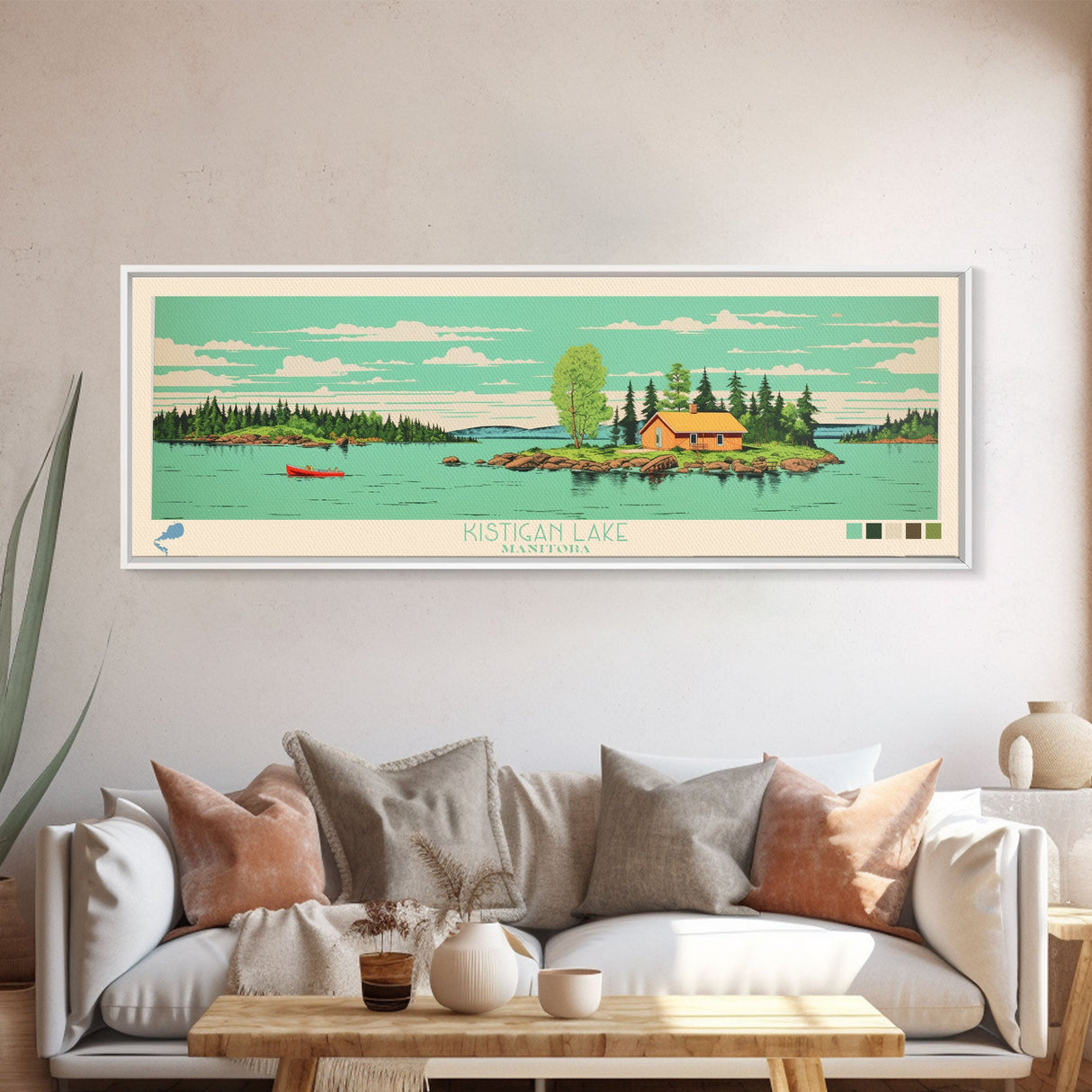 Kistigan Lake Manitoba Framed Canvas Print, Panoramic Wall Art, Midcentury Modern, Pop Art, Bedroom Decor, Travel Poster, Nature Decor