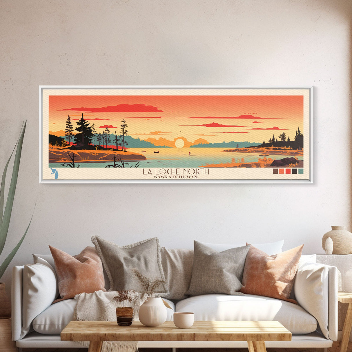 La Loche North Saskatchewan Framed Canvas Print, Panoramic Wall Art, Midcentury Modern, Pop Art, Lake House Decor, Travel Poster, Living Room Art