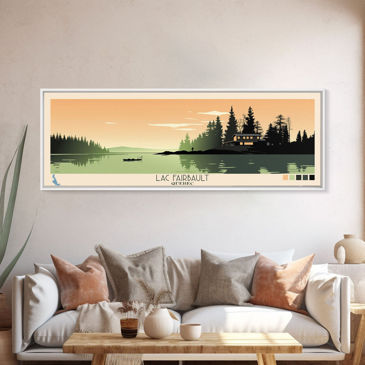 Lac Fairbault Quebec Framed Canvas Print, Panoramic Wall Art, Midcentury Modern, Pop Art, Bedroom Decor, Travel Poster, Living Room Art