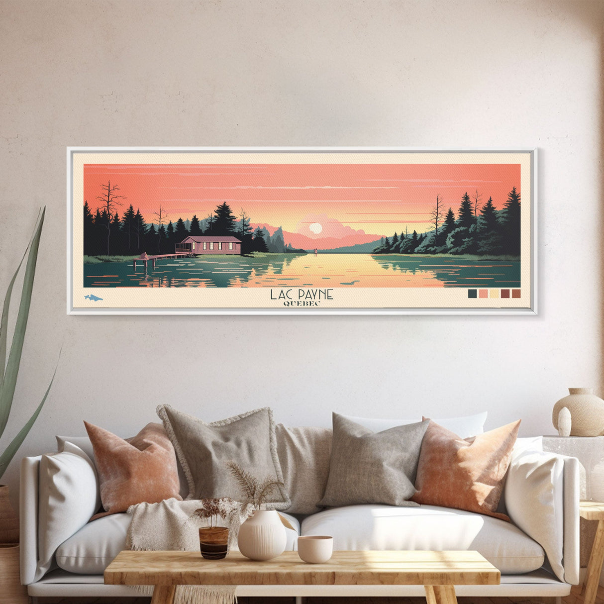 Lac Payne Quebec Framed Canvas Print, Panoramic Wall Art, Midcentury Modern, Pop Art, Bedroom Decor, Travel Poster, Living Room Art