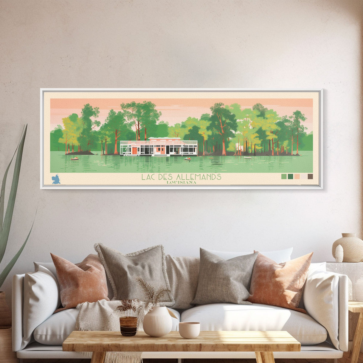 Lac des Allemands Louisiana Framed Canvas Print, Panoramic Art, Midcentury Modern, Pop Art, Living Room Wall Art, Travel Poster, Lake House Decor