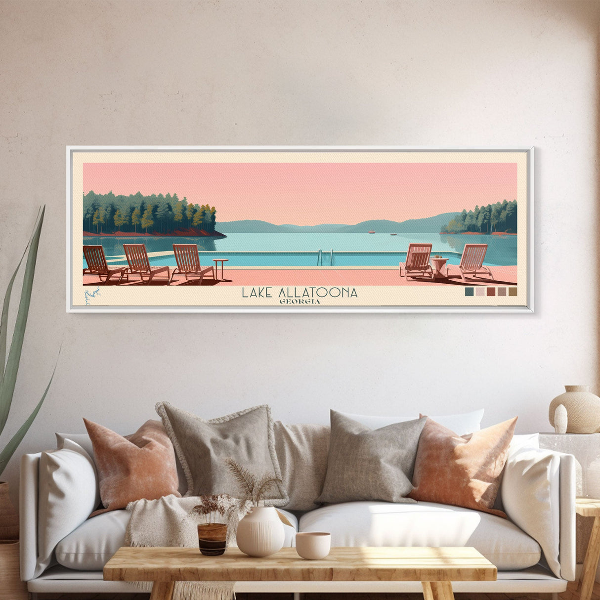 Lake Allatoona Georgia Framed Canvas Print, Panoramic Wall Art, Midcentury Modern, Pop Art, Living Room Decor, Travel Poster, Bedroom Art