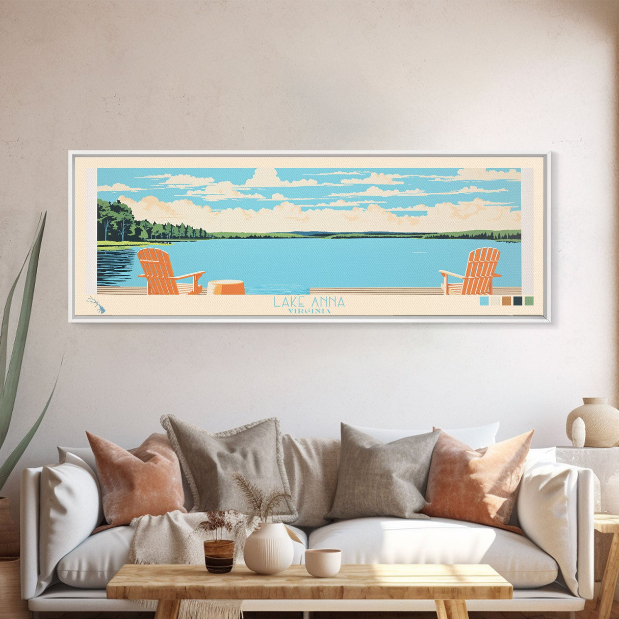 Lake Anna Virginia Framed Canvas Print, Panoramic Wall Art, Midcentury Modern, Pop Art, Bedroom Decor, Travel Poster, Living Room Art